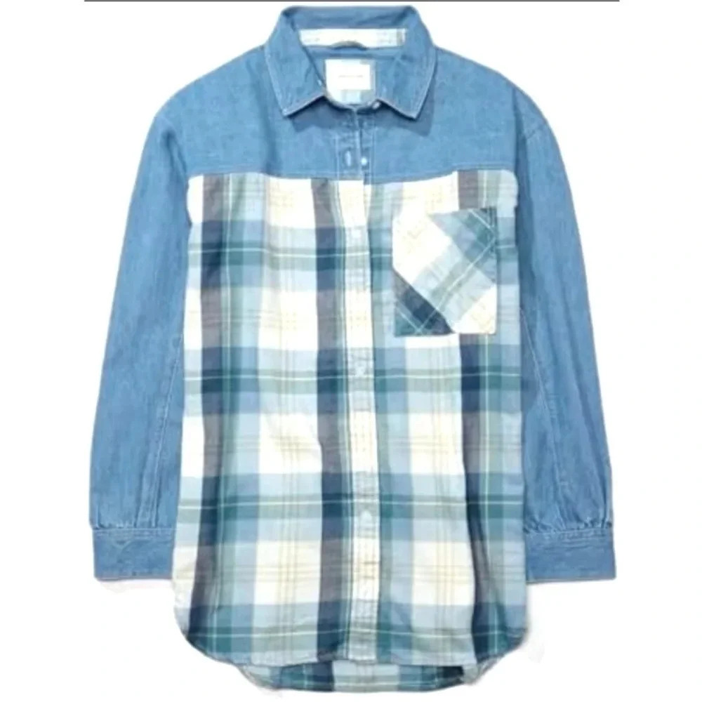 American Eagle Go Big Plaid and Denim Beach Shirt
